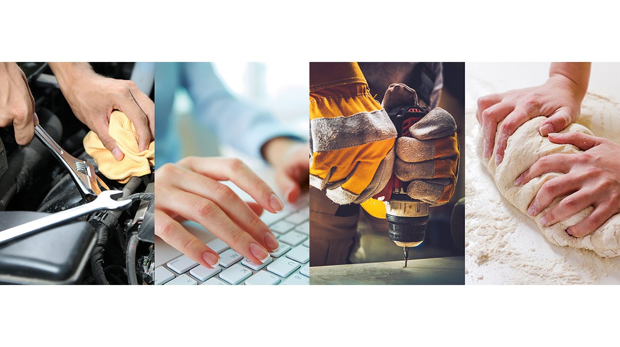 auf vier Bildern sind Hände in unterschiedlichen Arbeitssituationen zu sehen, etwa am Laptop oder beim Backen