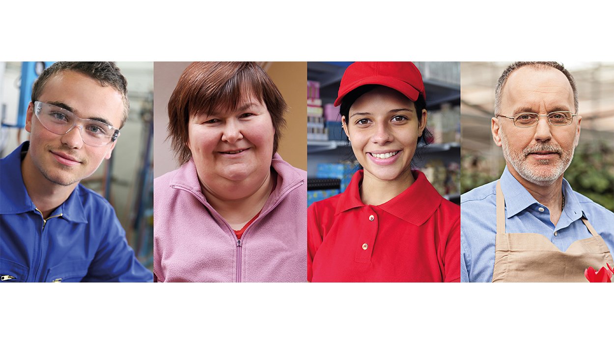 NEBA Arbeitsassistenz bei Jugend am Werk Steiermark Bildcollage von jungen und aelteren maennlichen und weiblichen Menschen mit Unterstuetzungsbedarf