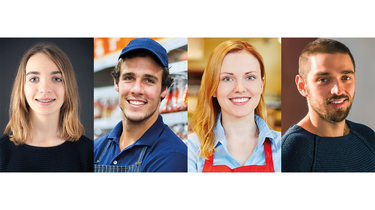 NEBA Jobcoaching bei Jugend am Werk Steiermark Bildcollage von jungen und aelteren maennlichen und weiblichen Menschen mit Unterstuetzungsbedarf